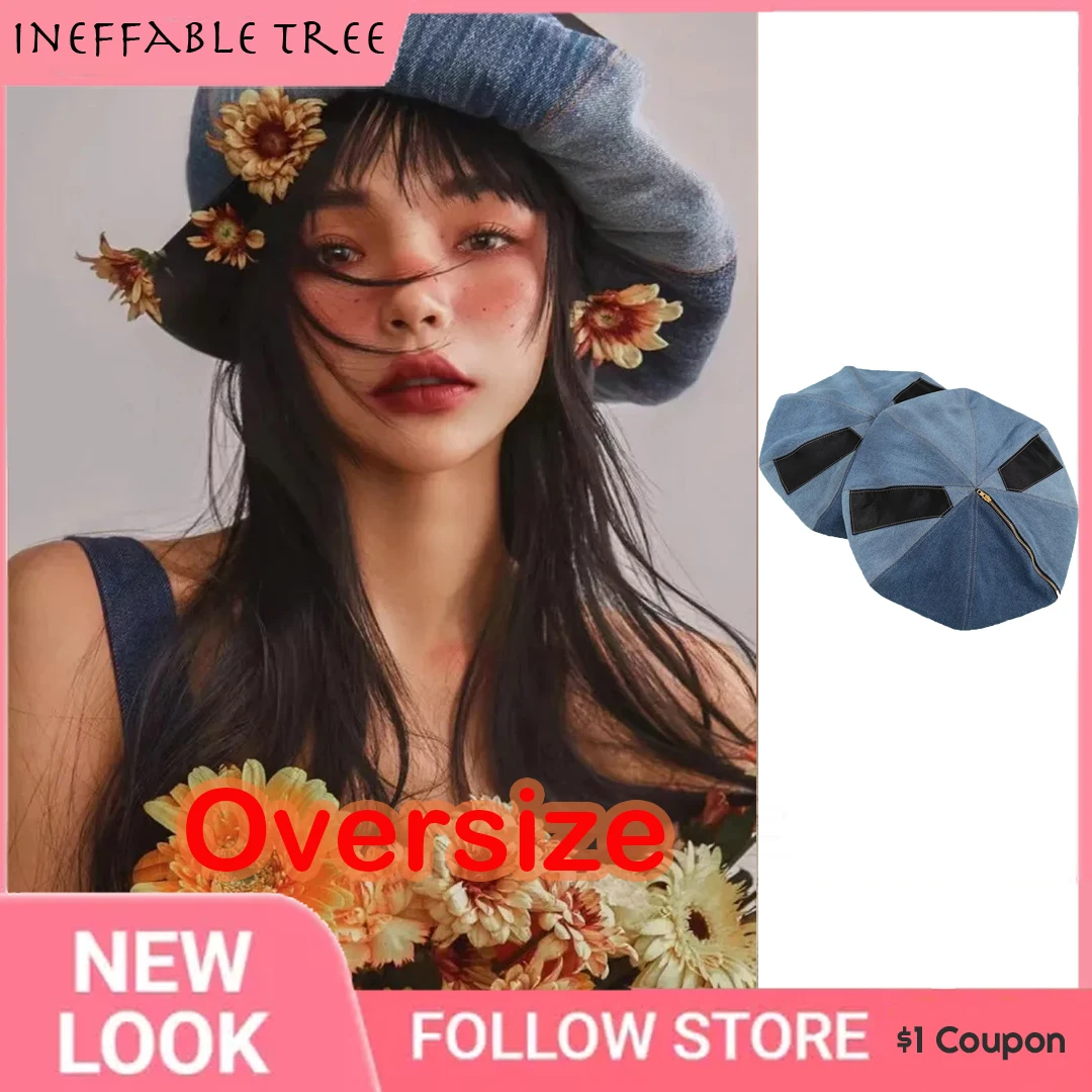 

INS Big Beret Washed Cowboy Clouds Beret Hat Women Japanese Patch Zipper Berets Girls Korean Version Painter Newsboy Gorras