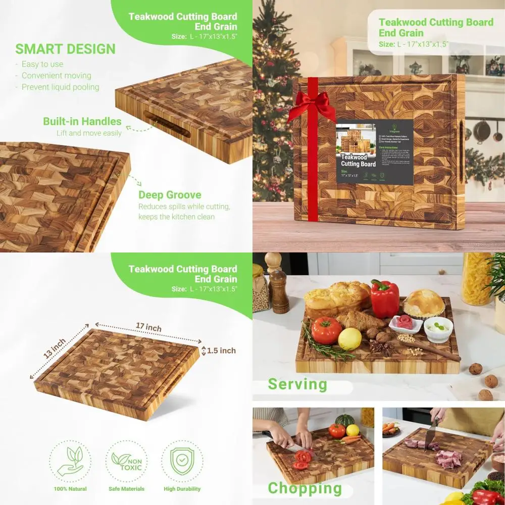 

Large End Grain Teak Butcher Block with Deep Juice Groove, Reversible, Knife-Friendly, Eco-Friendly Kitchen Board with Handles,