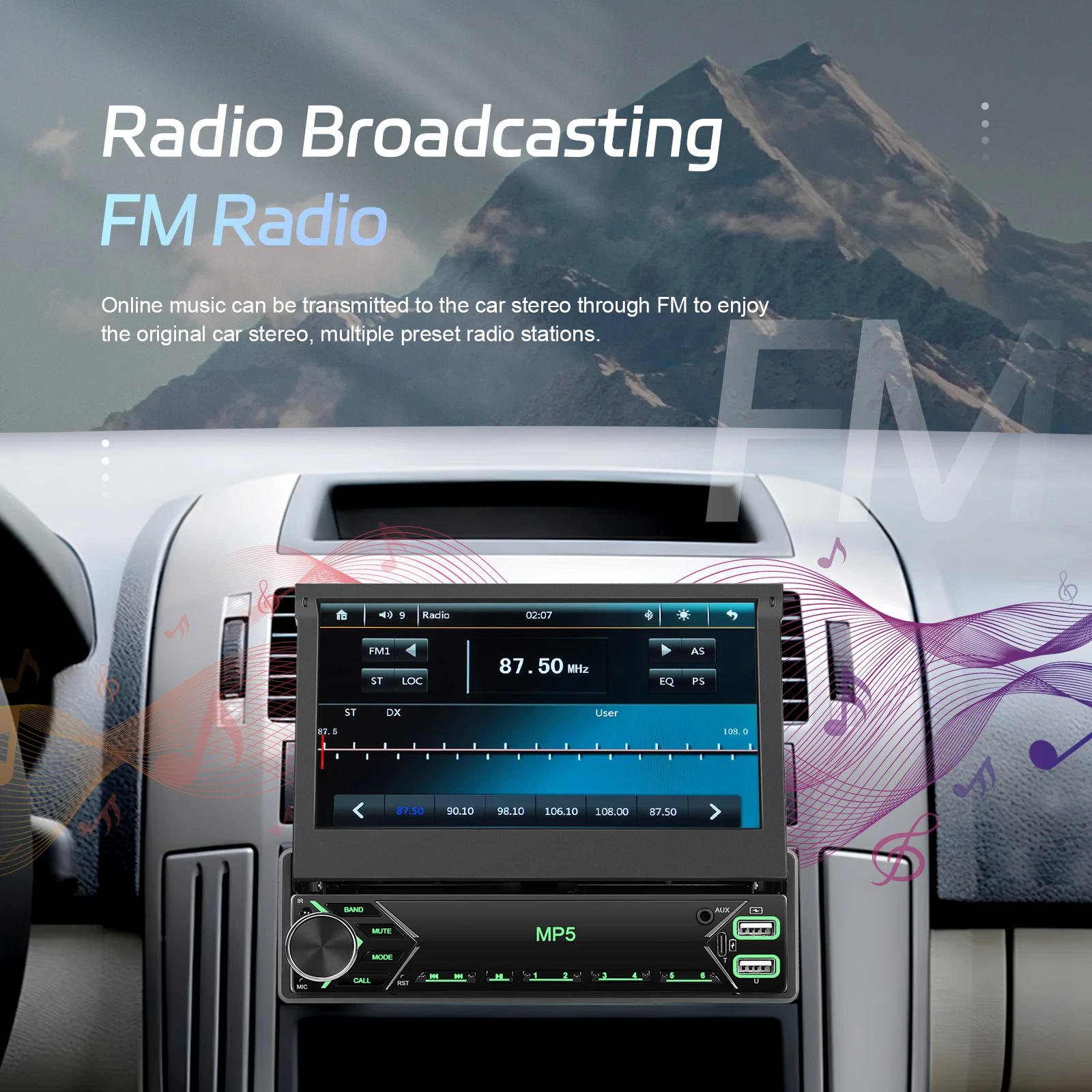 Podofo 7-Zoll-Autoradio mit einziehbarem Bildschirm, Unterstützung für Rückfahrkamera, 1 DIN, Auto-Audio-Player, TF-Karte/U-Disk, Autoradio-Stereoanlage, Bluetooth – Detail 6