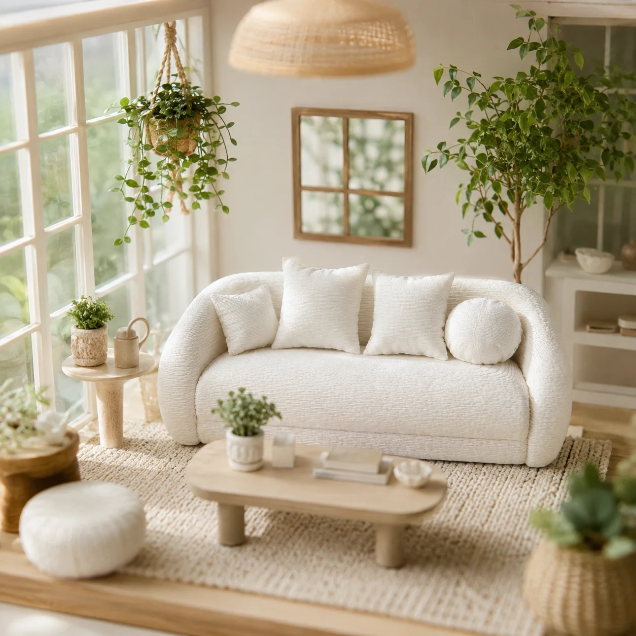 Weißes Sofa-Modell für Puppenhäuser mit Kissen, Miniatur-Wohnzimmermöbel-Dekoration, Zubehör für kleine Haus-Szenen. – Detail 1