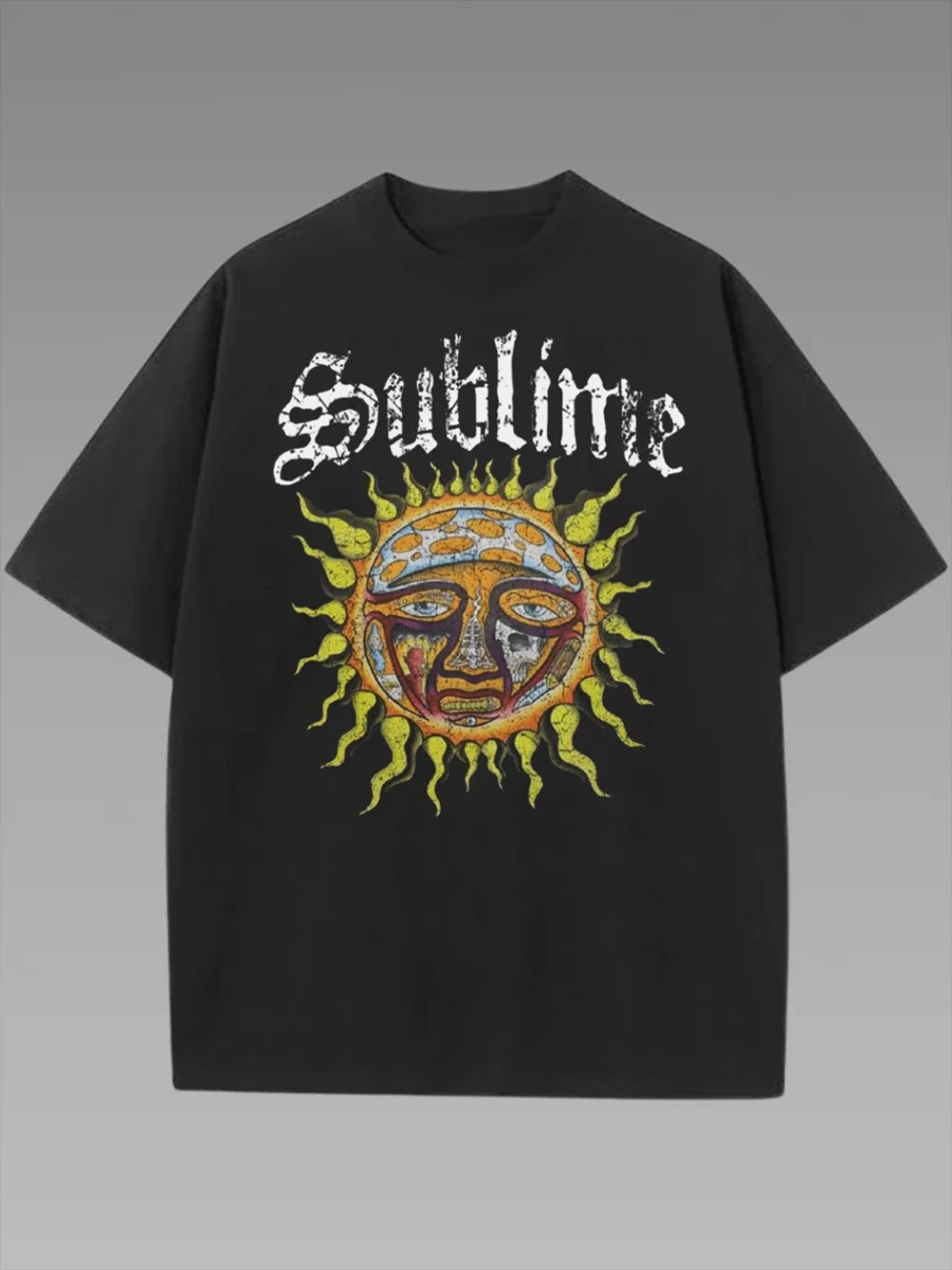 

Plus - Size Sublime Band Graphic Tee, Black Short - Sleeve with Sun Face Print
