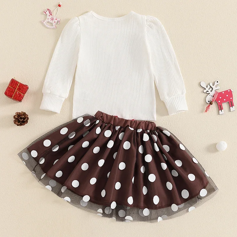 Kid Clothes Girl Christmas Outfit Ribbed Reindeer Embroidery Long Sleeve Ribbed Tops Dot Print Tulle Skirt Clothes Set