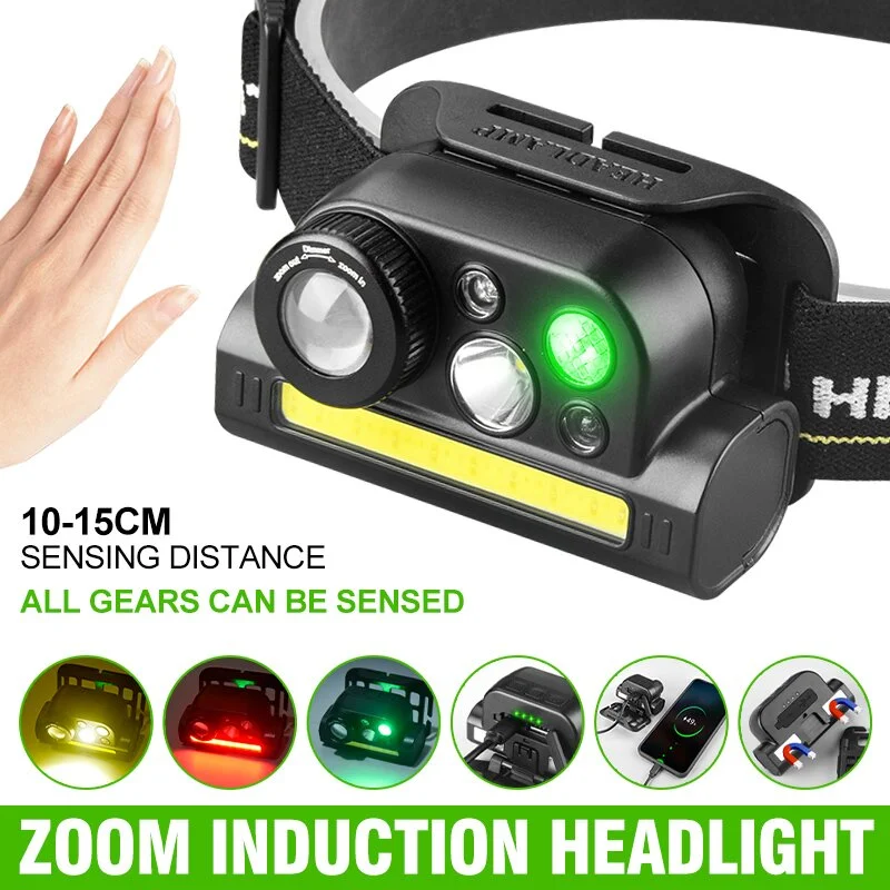 

XPG+COB Red And Green Light With Magnet Built-in Battery USB Rechargable Wave Sensing LED Headlamp Flashlight Running Camping