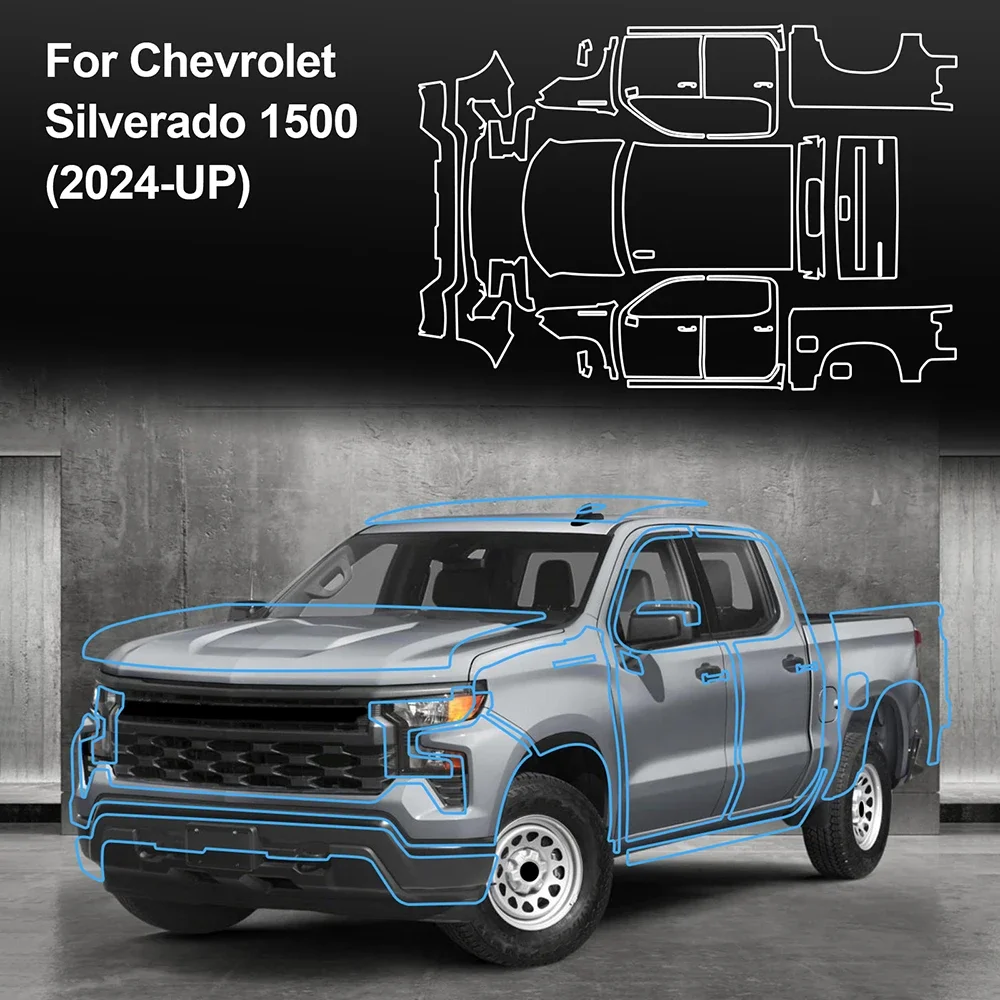 

Для Chevrolet Silverado 1500 2019-2024: Прозрачная защитная пленка (BRA-пленка) для кузова, комплект аксессуаров для защиты от царапин, наклейки на кузов автомобиля