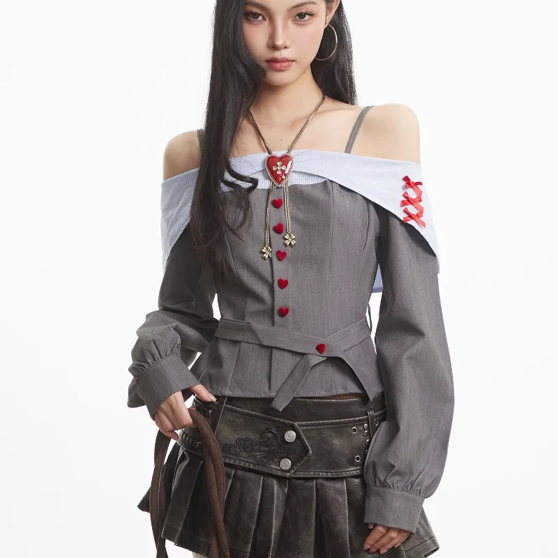 

Hot Girl One-shoulder Halter Neck Long-sleeved Shirt for Women Autumn Off-shoulder Slimming Contrast Top