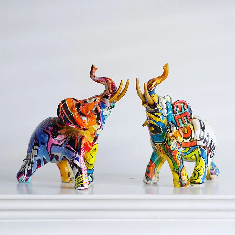 Resin Colorful Transfer Printed Elephant Figurines Modern Art Ornaments Animal Feng Shui Home Interior Office Decor Accessories