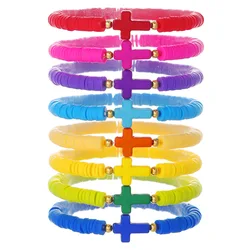 WG 1set Set of 8 Polymer Clay Cross Bracelets Bohemian Colorful Polymer Clay Bracelet Acrylic Cross Bracelet Jewelry