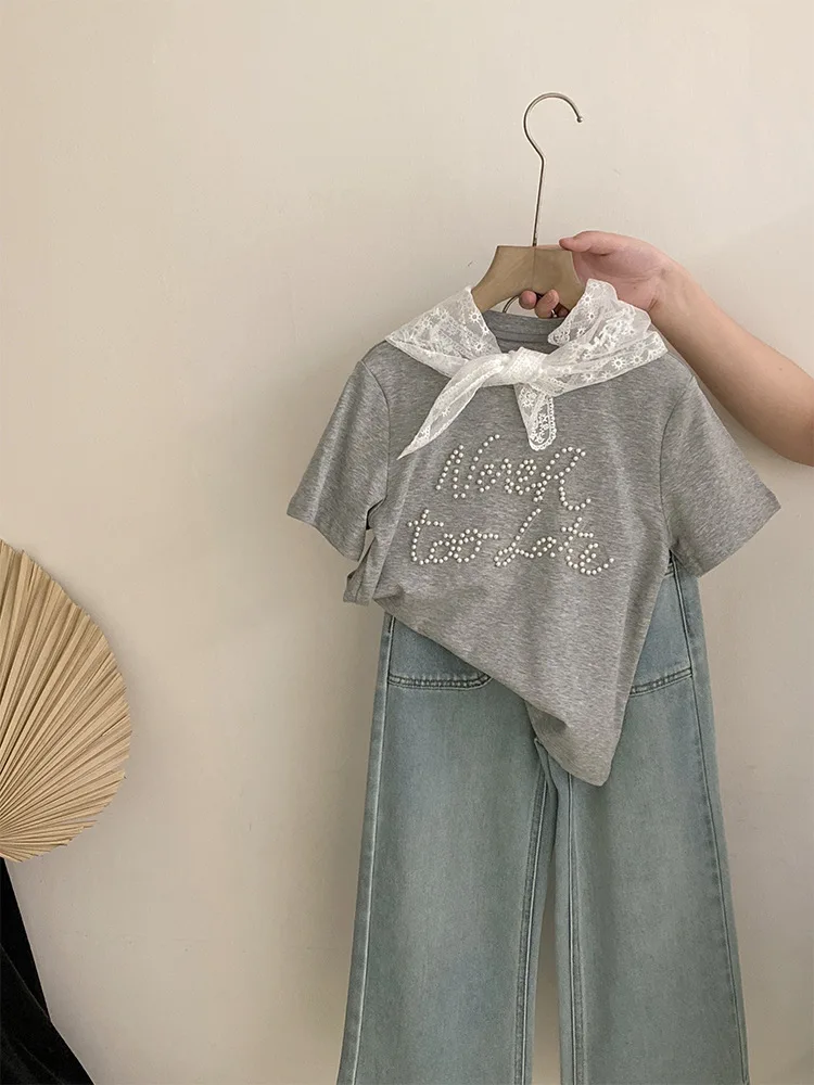 الفتيات لؤلؤة رسالة قصيرة الأكمام TT-shirt2025تصميم متعدد الاستخدامات فضفاض عارضة الجينز قطعتين مجموعة العصرية