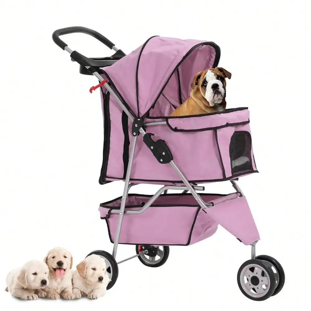 New Pink Pet Stroller Cat Dog Cage 3 Wheels Stroller Travel Folding Carrier