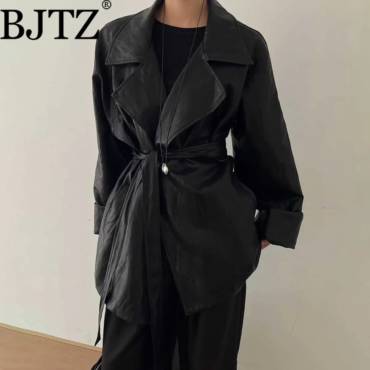 

BJTZ PU Leather Lapel Belt Tie-waist Loose Fit Mid-length Trench Jacket For Woman 2025 Spring Autumn New Office Lady Female Coat