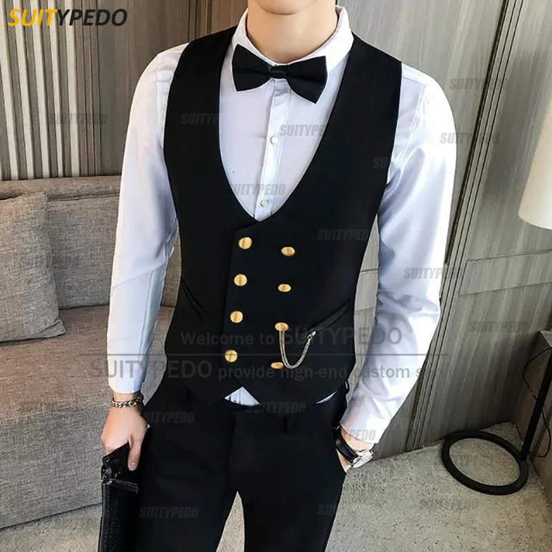 

Latest Double Breasted Men's Suit Vest Gold Button Slim Fit Best Man Groom Wedding Waistcoat Formal Streetwear Sleeveless Jacket