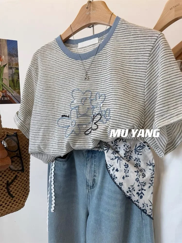 Retro American Cotton Thread Flower Bead Stripe Short Sleeve T-Shirt Women Thin round Neck Casual Tee Top Trendy