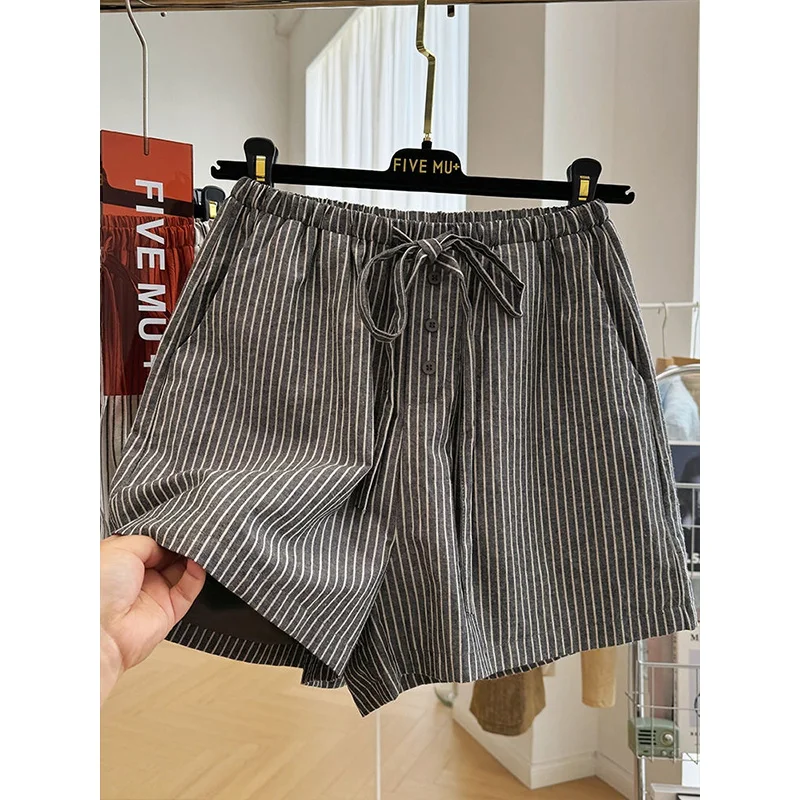 Summer Thin Cotton Linen Fashion Striped Vintage Shorts Women Casual Loose Drawstring High Quality Wide Leg Shorts