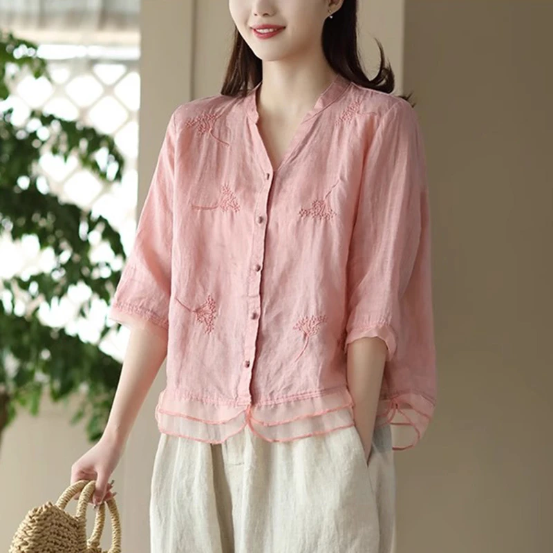 

Women Casual Ramie Shirt New Arrival 2025 Summer Vintage Style V-neck Floral Embroidery Female Half Sleeve Tops Shirts T649
