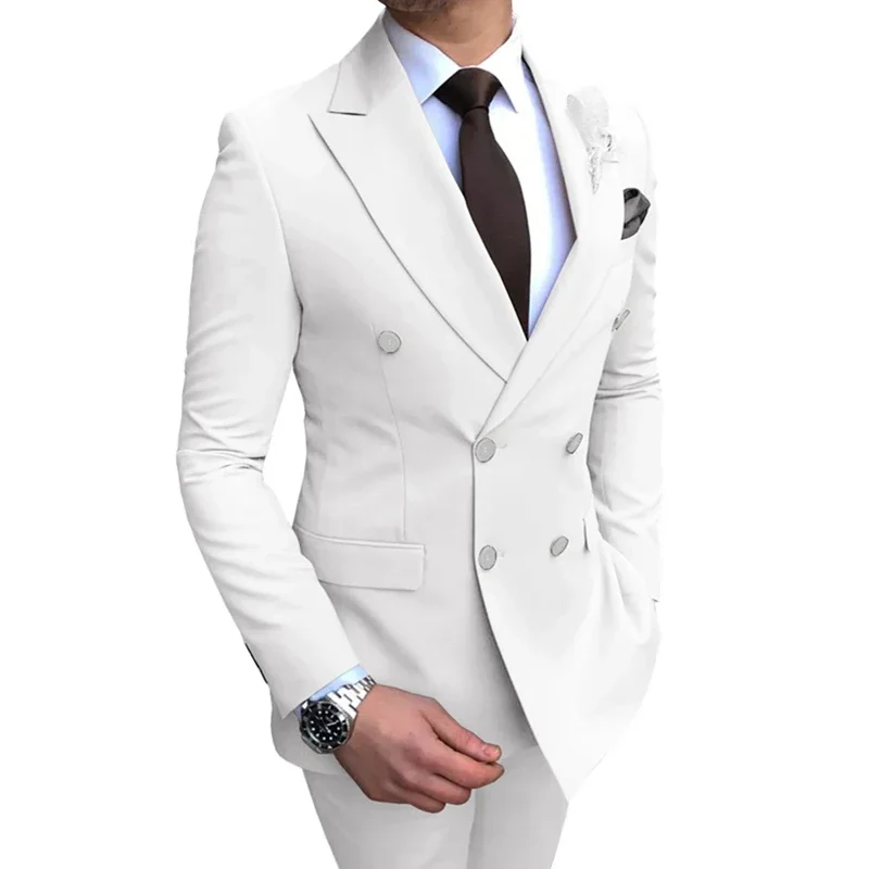 2023 Wedding Suits Men Business Fashion 2 Piece Set Slim Jacket Dress Blazers Coat Pants Trousers Solid Color Double Breasted