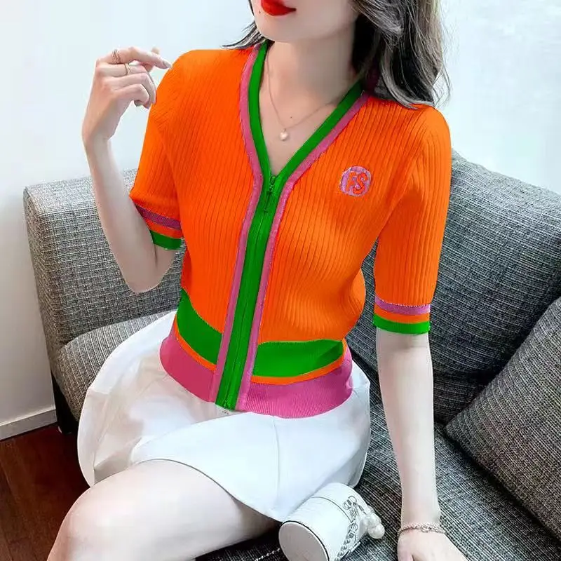 여성용 브이넥 지퍼 카디건 자수 레터 반팔 얇은 스웨터, 니트 대비 컬러 티셔츠, 캐주얼 상의, 여름