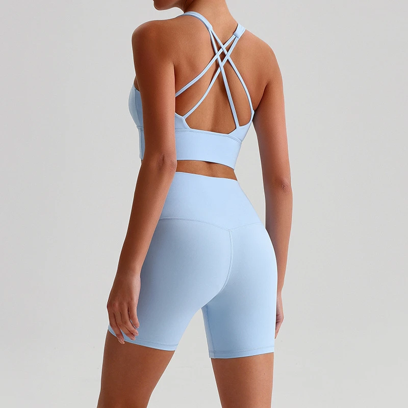 Yoga Shorts Set 2 Pieces Gym Fitness Suit S Women Workout Clothes High Waist Shorts Cross Straps Sports Bra Running Tracksuit