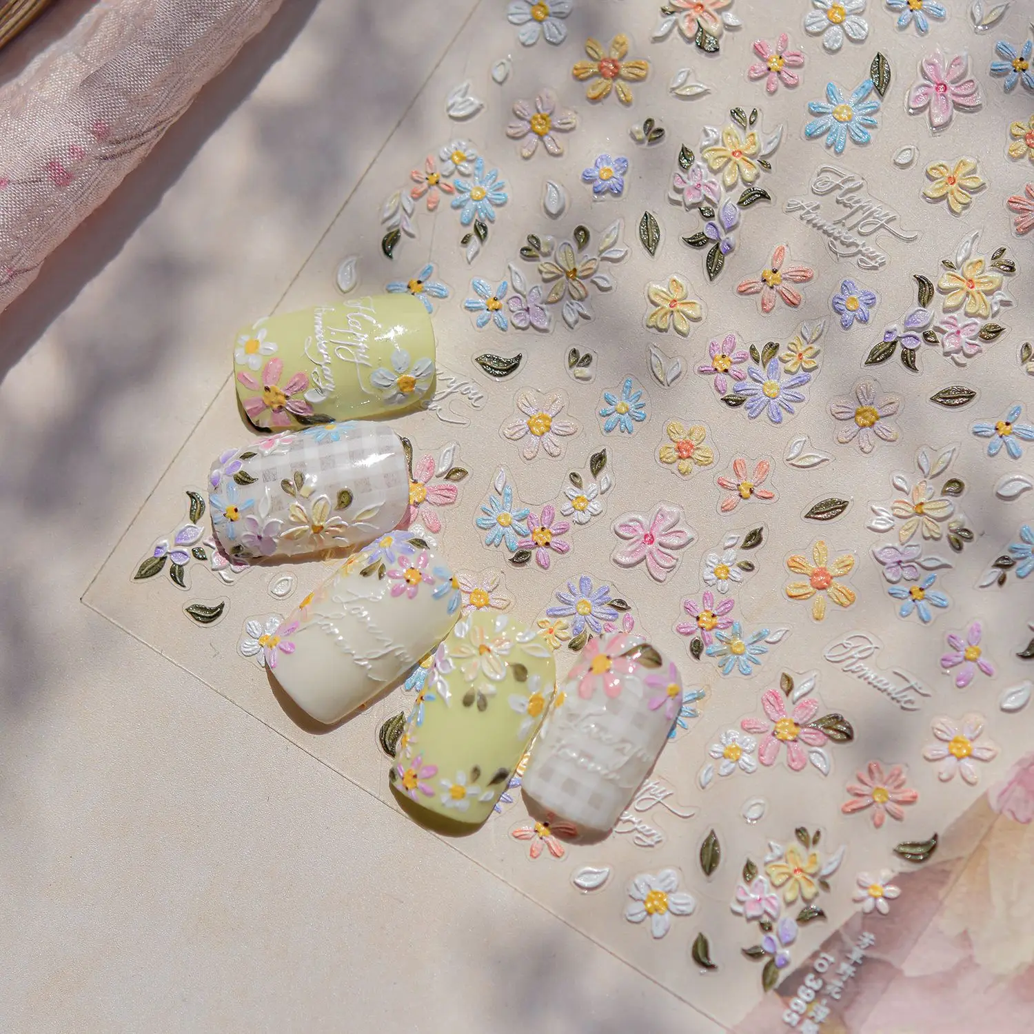 1pcs Gold Foil Dried Flower Relief Nail Stickers Colorful Oil Painting Flowers Fairy Nail Decals Frosted Floral Manicure Sliders