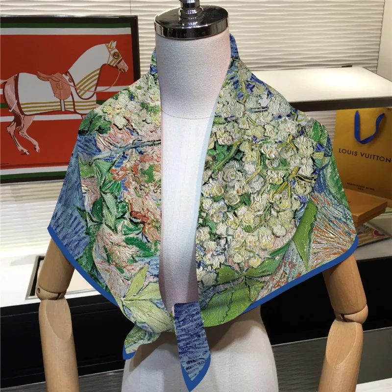 Oil Painting Outer Small Shawl Silk Scarf Spring and Autumn Thin Versatile 90cm Square Fashion Art Foreign Style