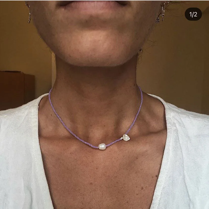 Collier Ras du Cou en Perles de Riz en Clip Violet pour Femme, Polyvalent, Naturel, d'Eau Douce, à la Mode