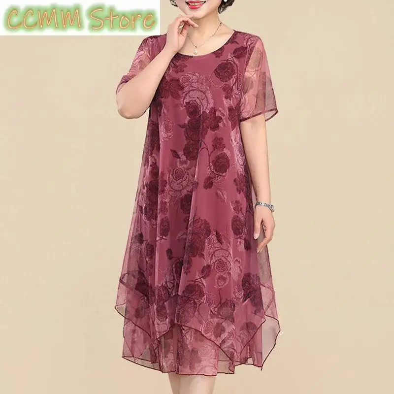 

O-Neck Short Sleeve Dresses Vintage Floral Printed Summer Gauze Spliced Women's Clothing Stylish Irregular Loose Midi Dress