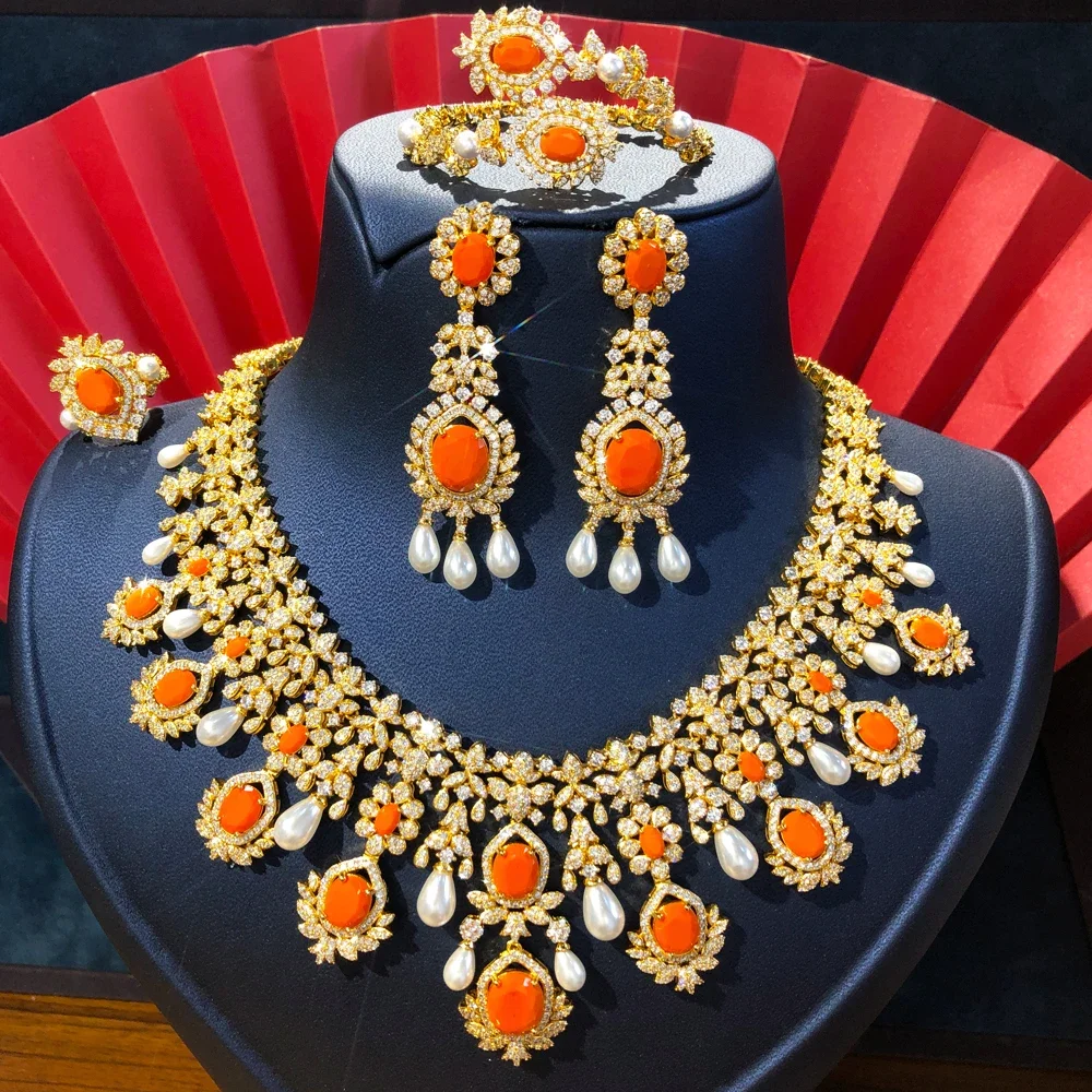 New Fashion Orange UAE Dubai Bridal Jewelry Set For Women Wedding Party Nigerian African Long Necklace Earring Set