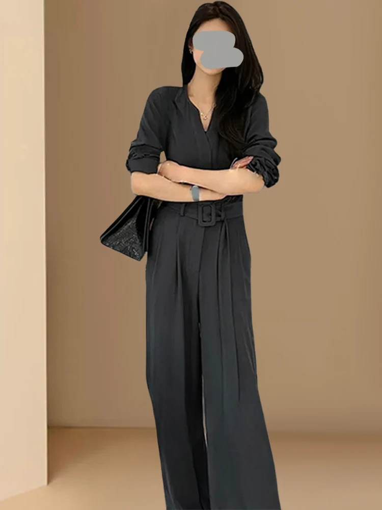 

Summer 2026 High Waist V-Neck Long Sleeve Onesie Women's Casual Loose Wide Leg Long Pants Fashionable Elegant Overalls