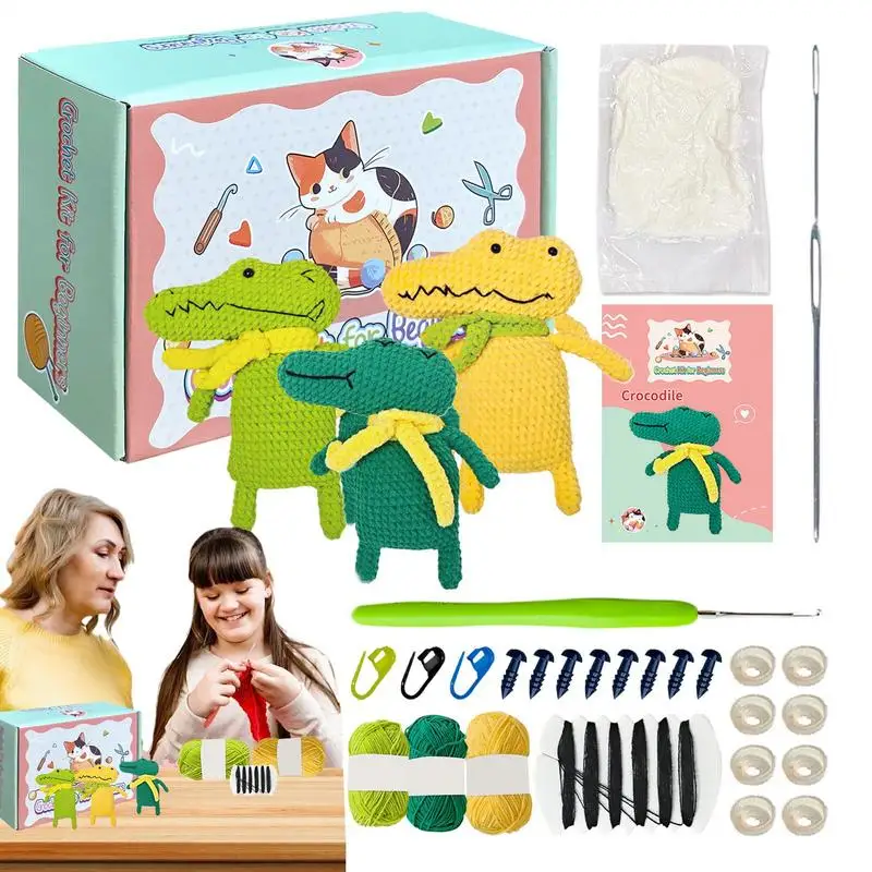 Crochet Animal Kit Animal Learn To Crochet Set Cartoon Crocodile Crocheting Kit With Step-By-Step Tutorials Knitting Kit Arts &