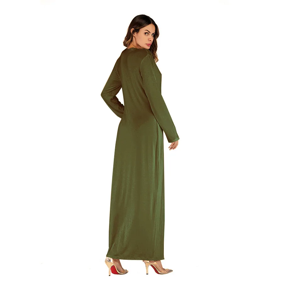 Arabische effen kleur katoenen jurk met lange mouwen voor dames moslim slanke hoge taille elastische abaya gewaadjurk