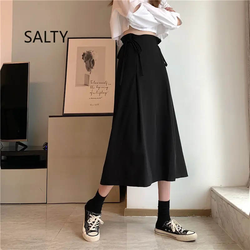 2025 New Korean Skirt Women Solid Mid-length Pleated Skirt Black and Grey Lace-up Skirt Female Long Skirts for Woman