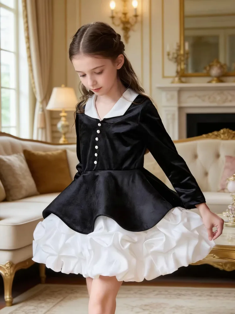 Maßgeschneidertes Blumenmädchenkleid Hochzeitskleid Geburtstagsparty Festkleid Langarm Samt Rüschensaum Kontrastfarbe Prinzessinnenkleid