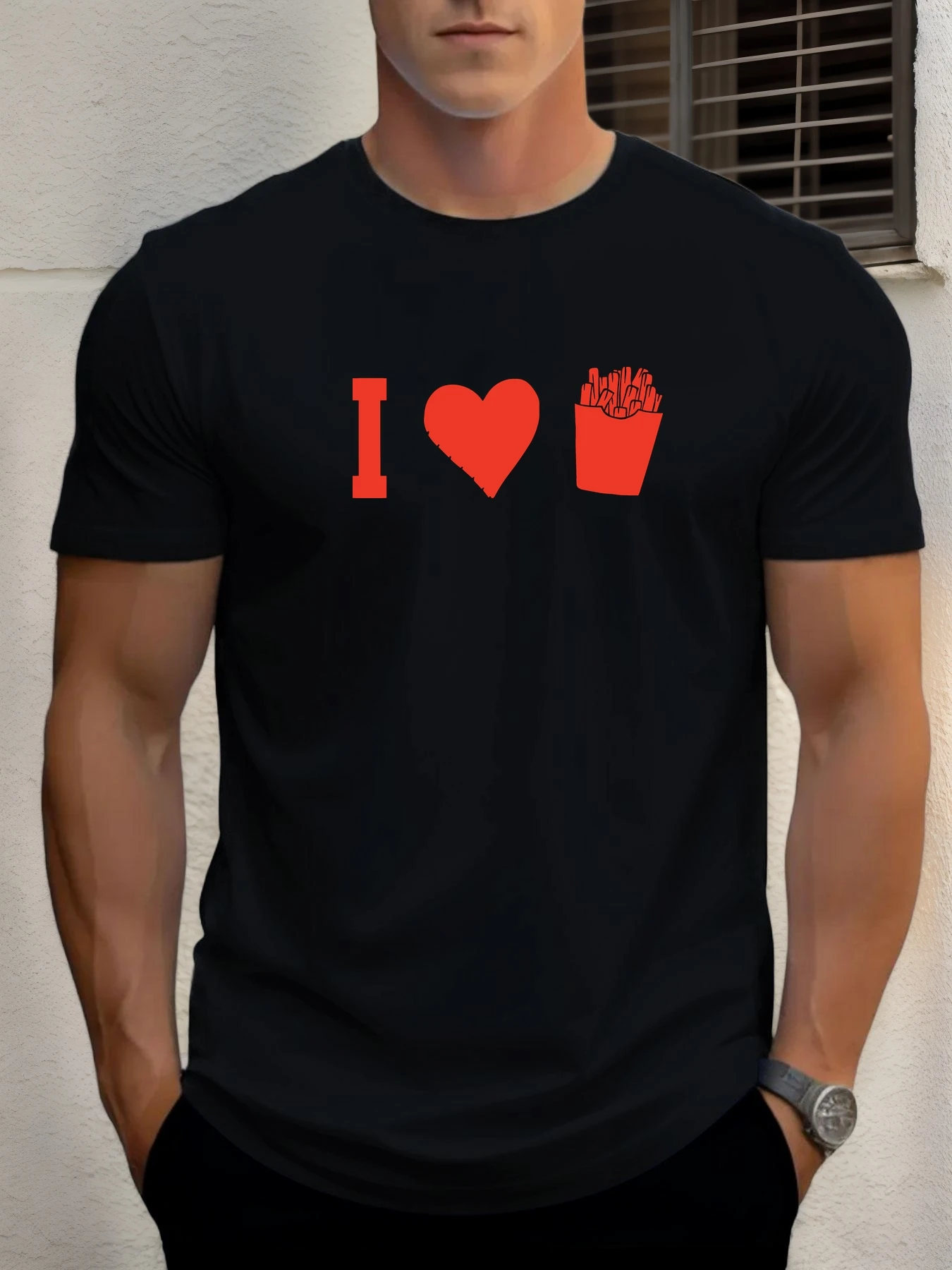 

2025 Summer Men's Cotton T Shirt I Love French Fries Trendy Print Round Neck T-Shirt Casual Breathable Street Style Daily Top