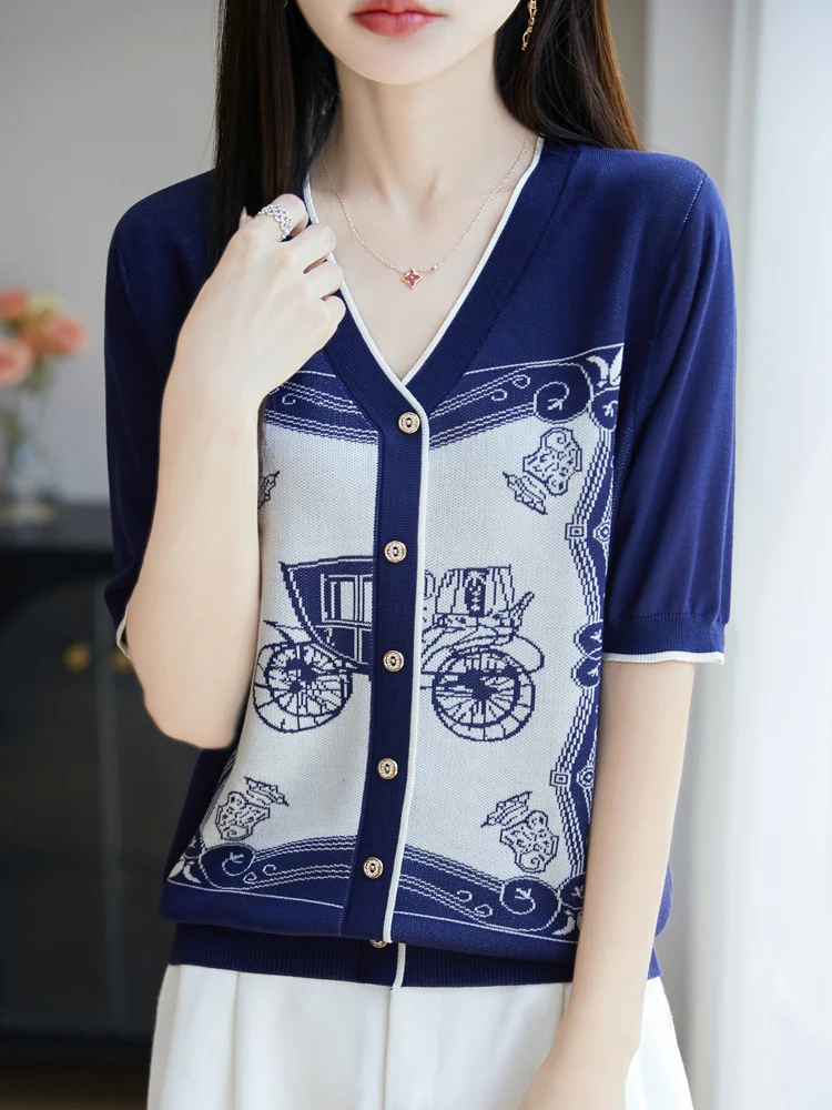 Nueva camiseta de moda de verano para mujer, Jersey fino y suave de punto para mujer, ropa de Lyocell de media manga, camisetas informales, blusas suaves