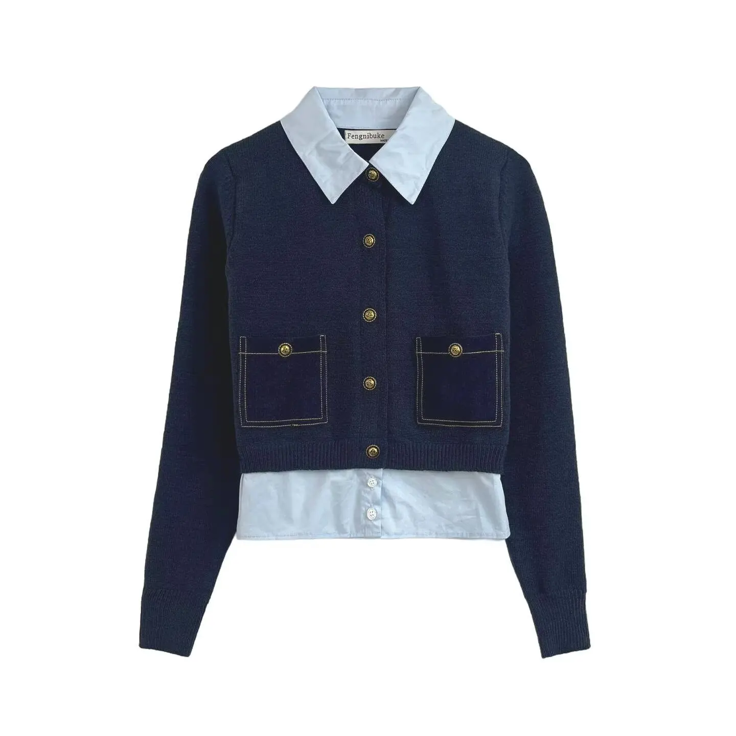 เสื้อสตรีแฟชั่นลำลองแบบคอปกโปโลตัดสีสไตล์สองชิ้นหลอกๆ ทรงสลิม แขนยาว ไม่มีปก