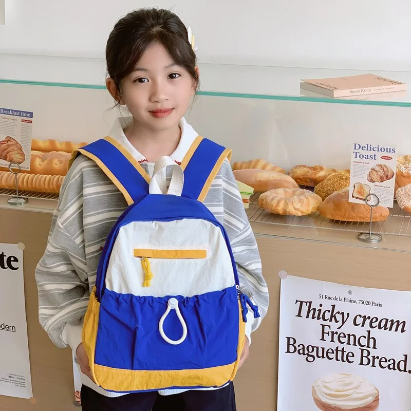 Tas ransel anak laki-laki dan perempuan, resleting tali tarik, warna tabrak, tas sekolah dasar kapasitas besar, tas ransel bulu tangkis anak-anak