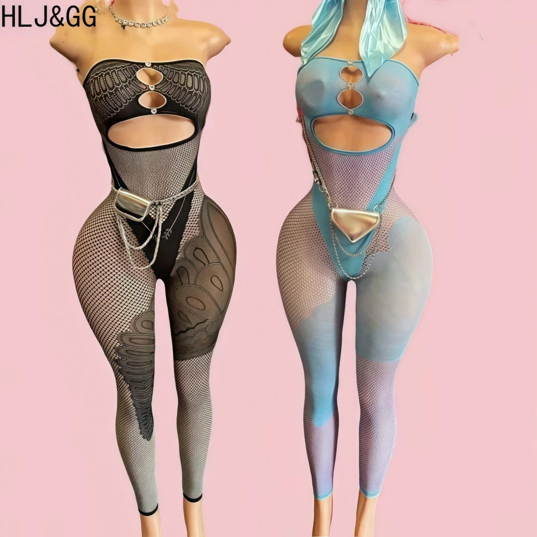 

HLJ&GG Sexy Thick Lace Hollow Bodycon One Pieces Jumpsuits Women Sleeveless Backless Playsuits Female Patchwork Mesh Overalls