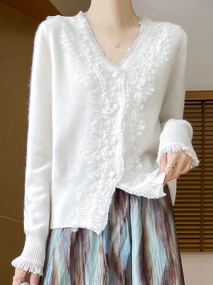 

Women 2026 New Spring/Autumn Soft Elegant V-Neck Lace Tassel 100% Merino Wool Knitted Sweater Soft Grace Cardigan Clothing Tops