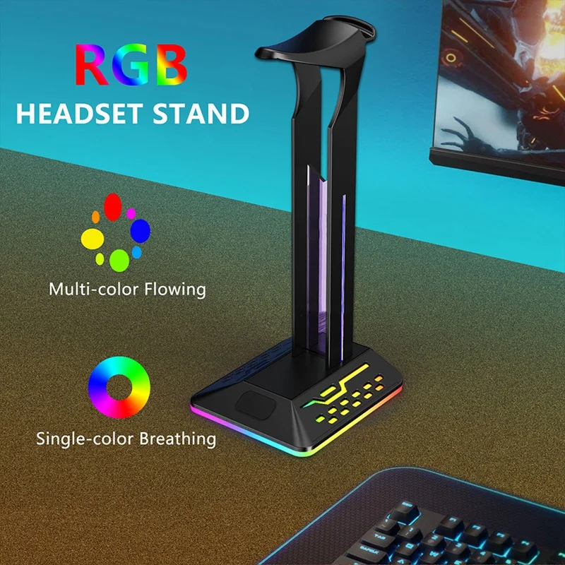 RGB Headset Holder 7 Color Gaming Headphone Stand Type-C 2 USB Ports Headphone Holder For Gamers PC Accessories Desk