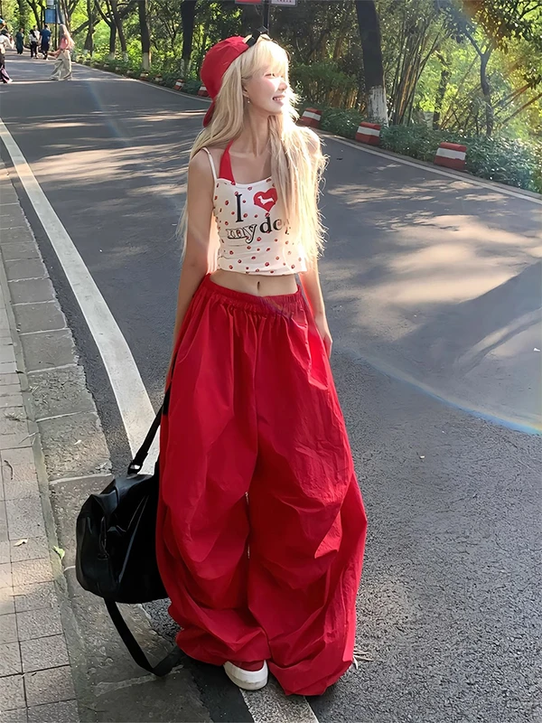 

Мужские летние красные свободные прямые брюки American Street Sle с завязками, повседневные длинные брюки, широкие брюки High Street Vibe