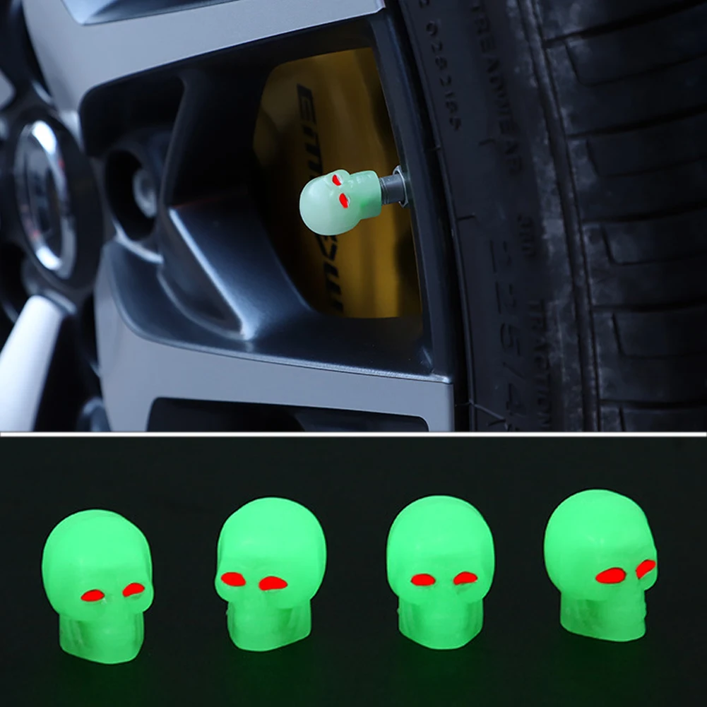 4X Car Tire Valve Cap Fluorescent Skull Head Auto Motorcycle Bicycle Nozzle Cap Decor Night Glowing Wheel Plug Cover Accessories