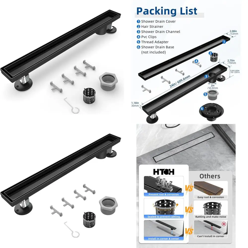 

24 Black Linear Shower Drain with Tile Insert Grate - 304 Stainless Steel Rectangular Floor Drain with Hair Catcher