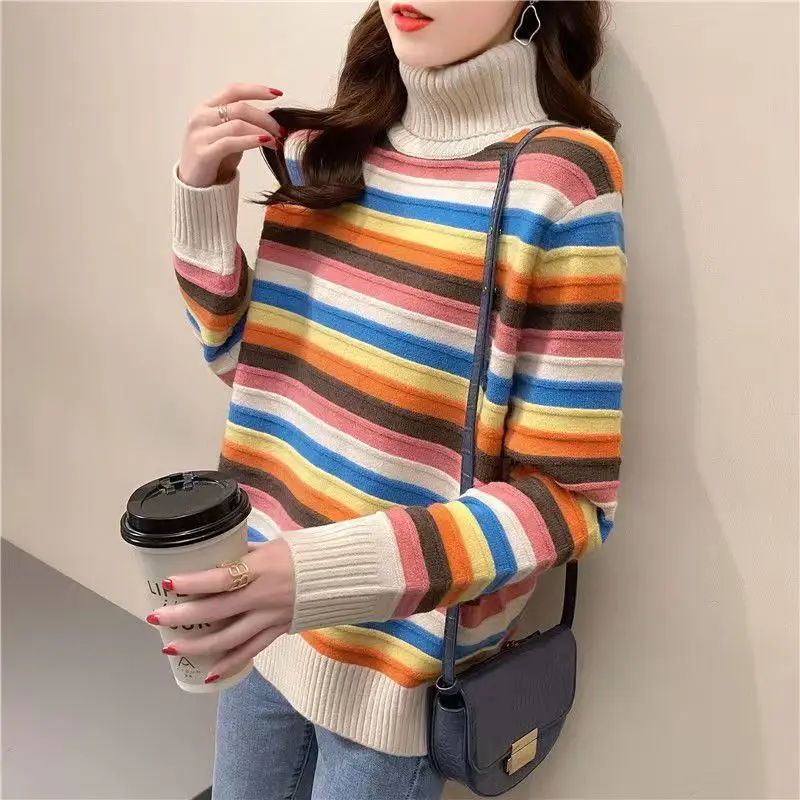 Women's Autumn Winter Fashion High Neck Pullover Rainbow Stripe Casual Versatile Long Sleeve Loose Medium Length Sweater Tops