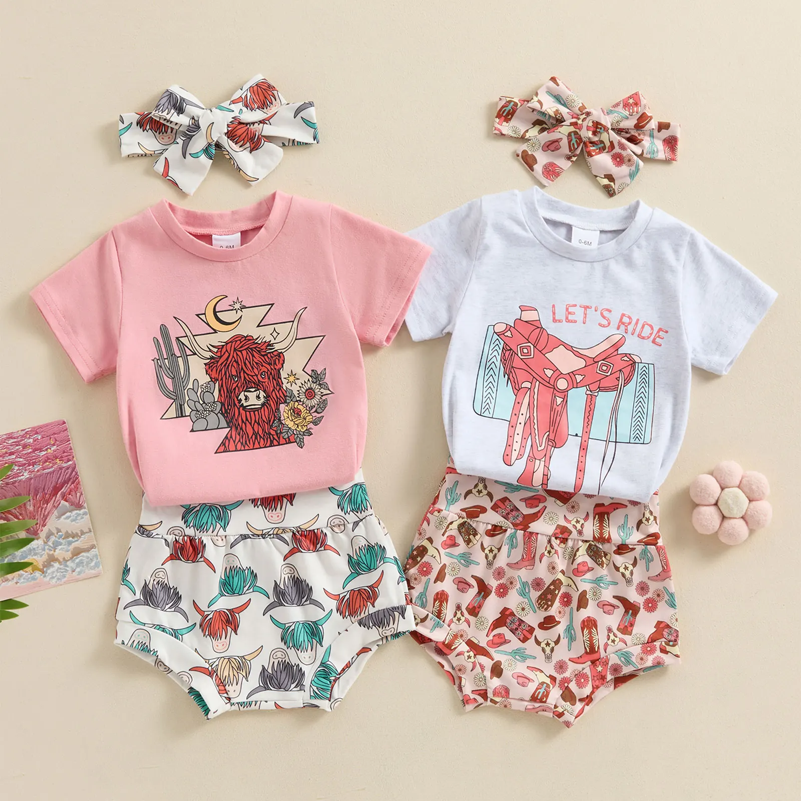 

Toddler Girl Summer Outfit Letter Print Short Sleeve T-Shirts Tops and Cow Head/Boots Print Shorts Headband 3Pcs Clothes Set