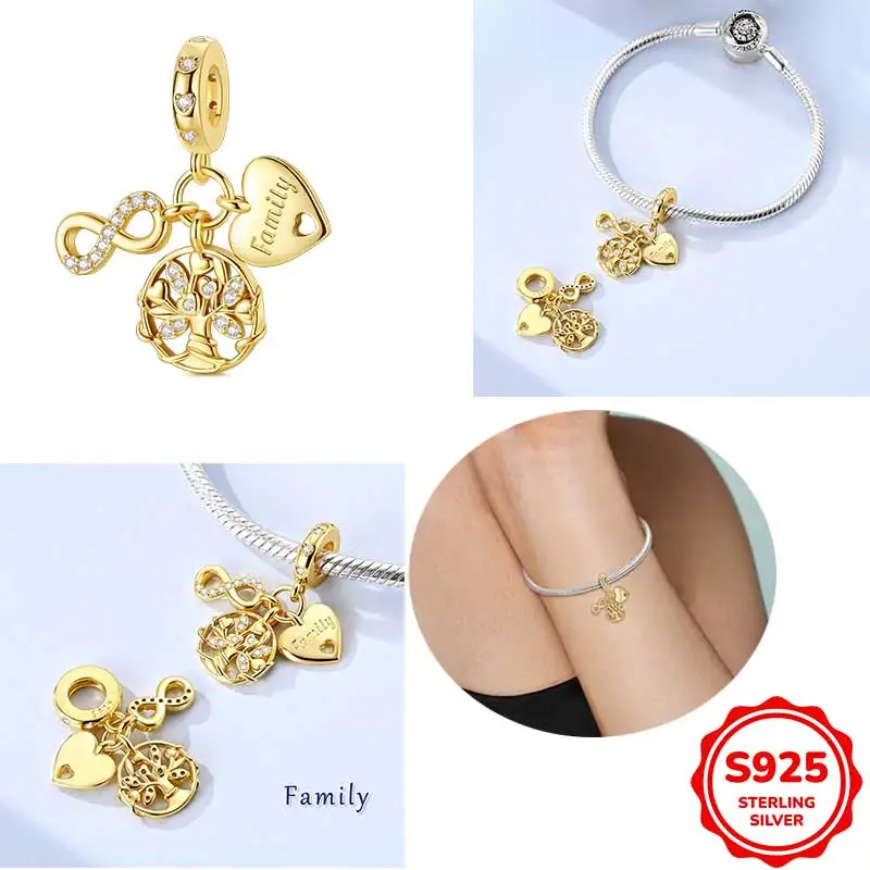 

925 Sterling Silver Golden Eternal Family Tree Pendant Charms Beads Fit DIY Bracelet Necklace Engagement Birthday Jewel