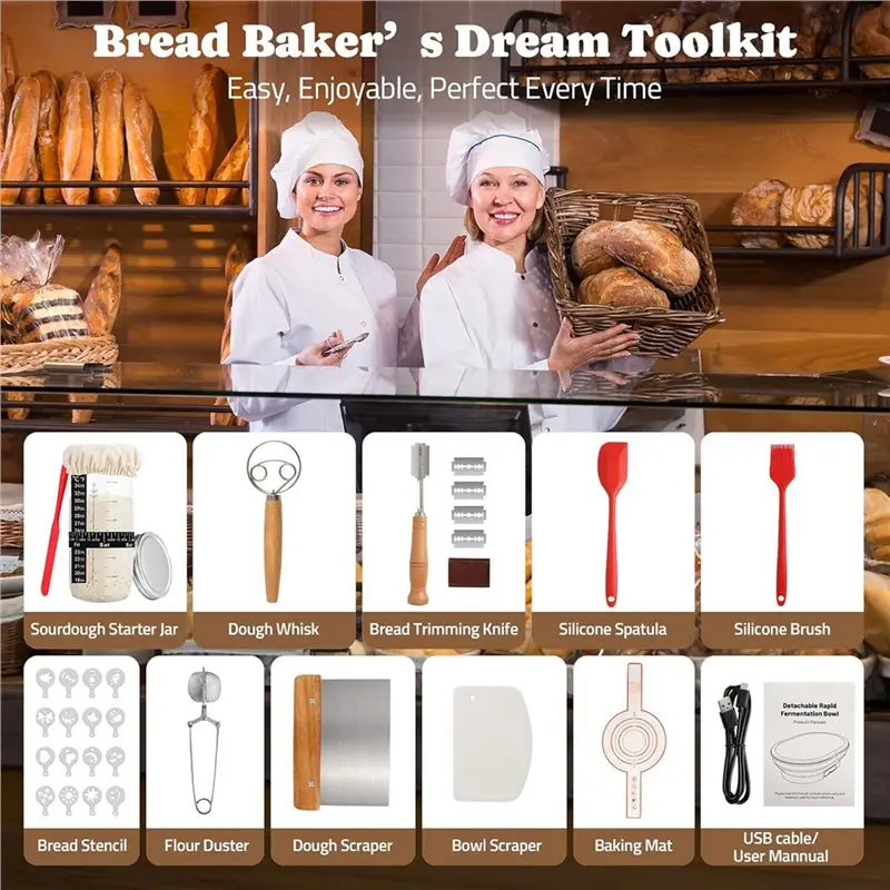 ABSJ-Kit per lievitazione naturale con cestello per lievitazione del pane Banneton pieghevole quadrato in silicone termostatico elettrico da 2 litri