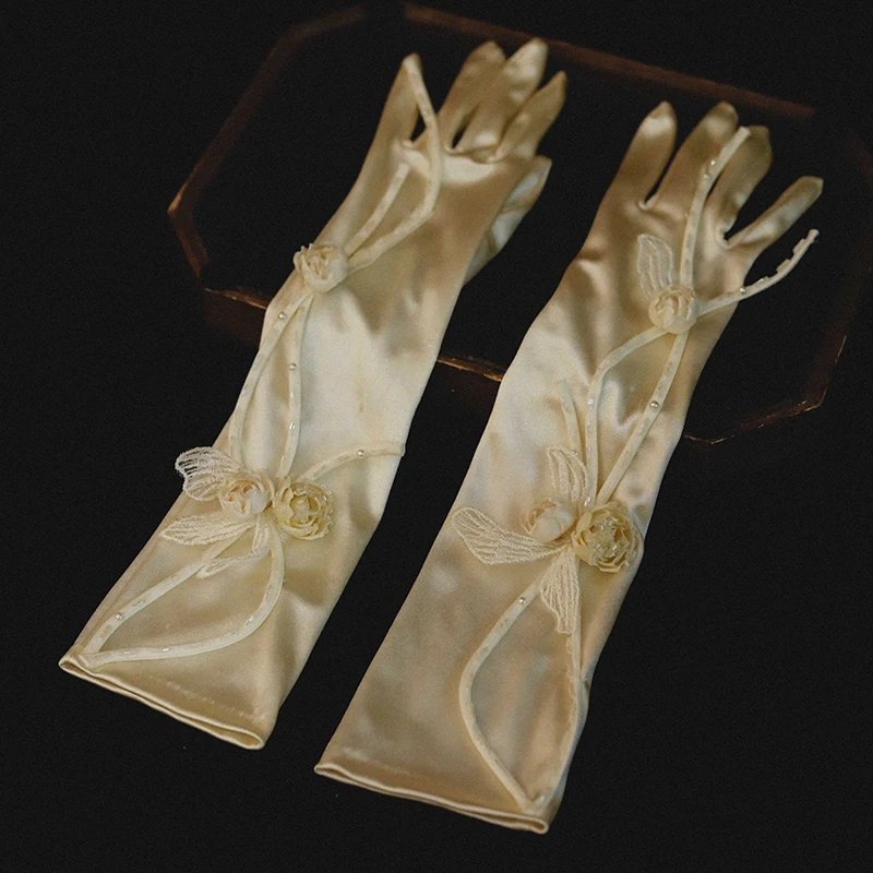 Handmade long satin flower gloves Mori retro French wedding dress bridal wedding photo accessories