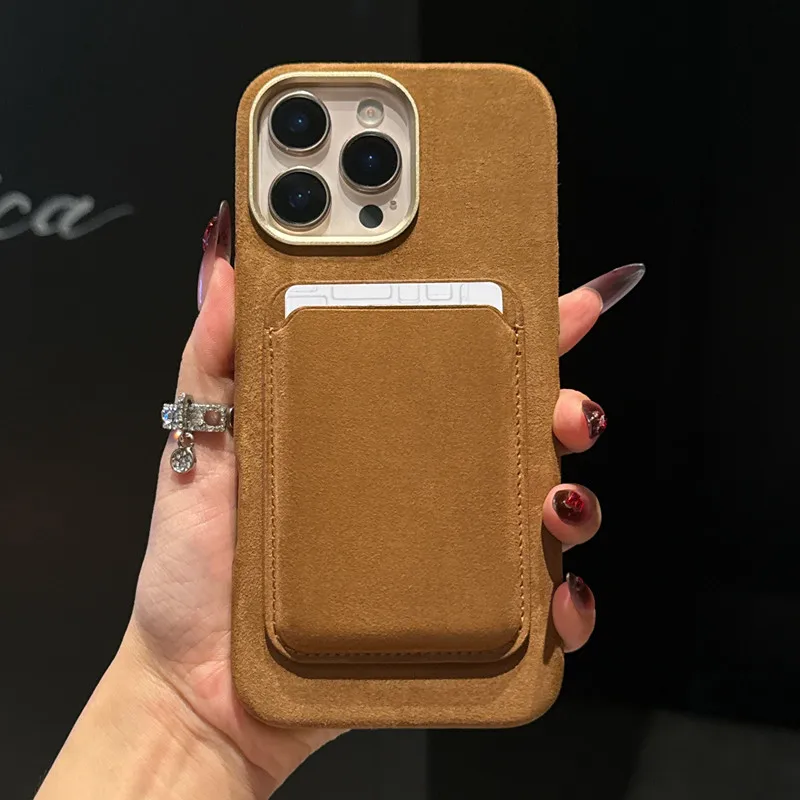

2 in 1 Flannel Leather Card Wallet Case for iPhone 13 14 15 16 Pro Max Magnetic Charging High-end Suede Metal Lens Ring Cover