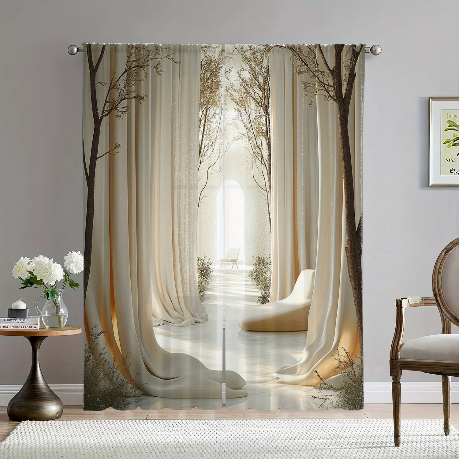 Beige Sheer Curtains – Tranquil Forest Print, Rod Pocket Polyester for Living Room Bedroom Decor