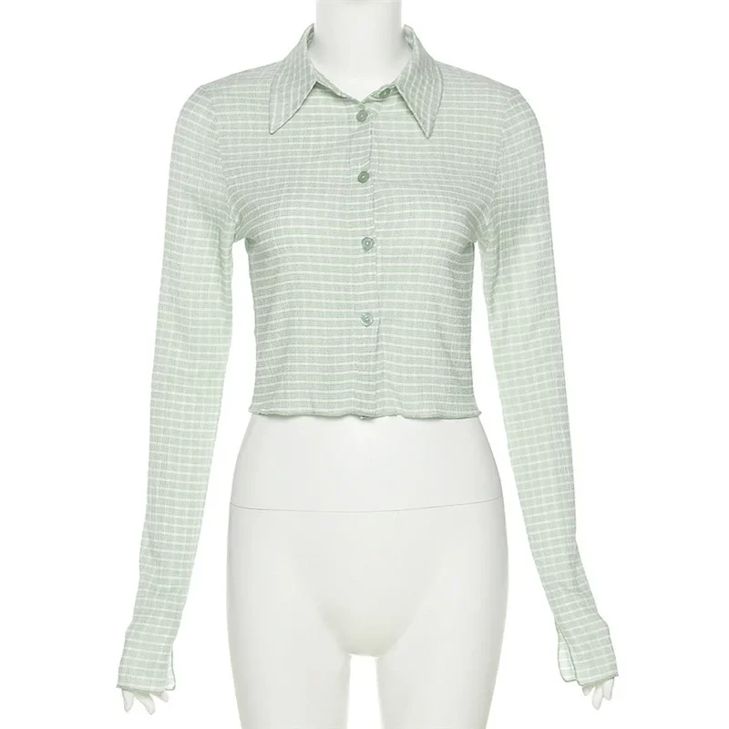 Retro Ladies Spring  Long-sleeved Short-slim Fashion Single-breasted Checkered Lapel Long-sleeved Single-breasted T-shirt