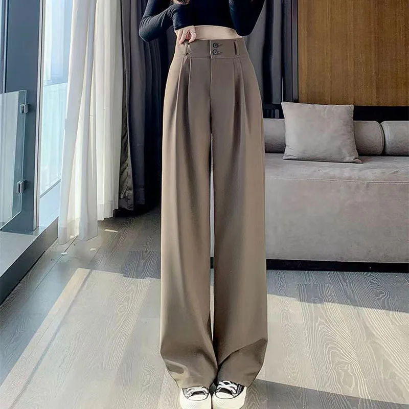 Frauen Hohe Taille Anzug Hosen Dame Lose Gerade Hosen Einfarbig Frühling Herbst Chic Streetwear Weibliche Beiläufige Breite Bein Hosen